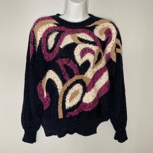 80s Fuzzy Swirl Sweater purple gold black abstract beaded knit size S